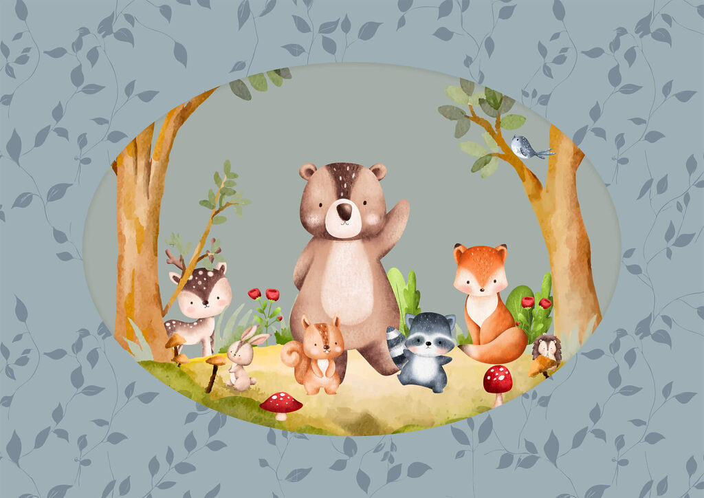 Cartoon of animals in a forest