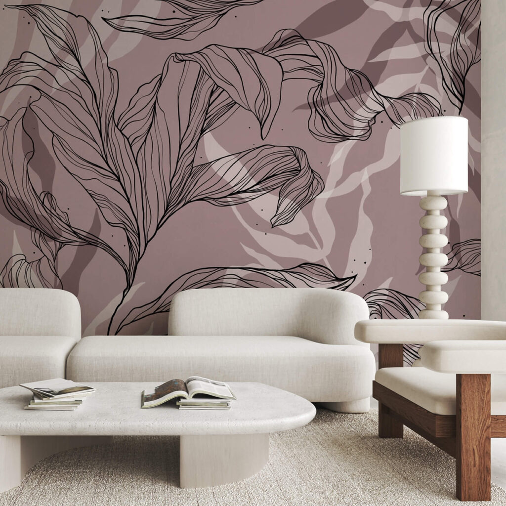 Rysunek liści na różowym tle