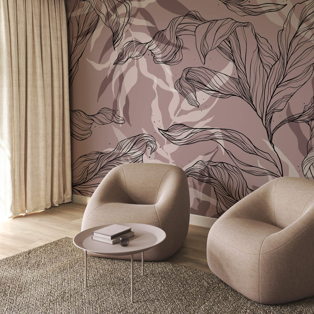 Rysunek liści na różowym tle