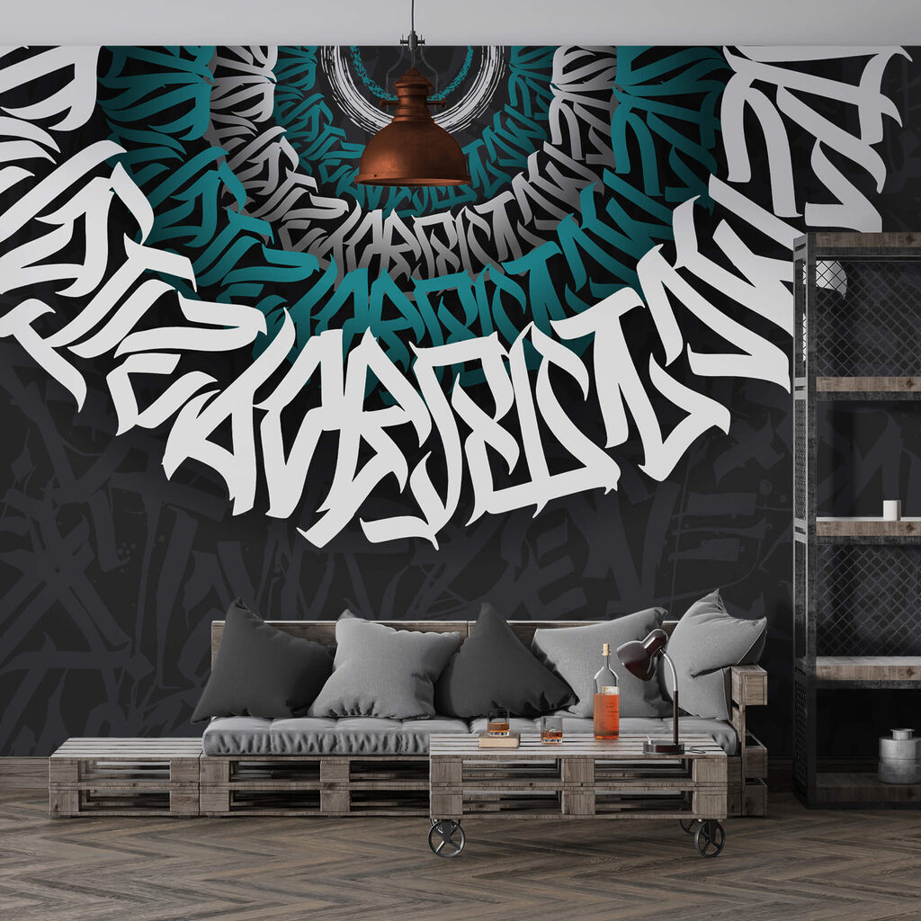 Biało-niebieskie graffiti na czarnym tle Biało-niebieskie graffiti na czarnym tle