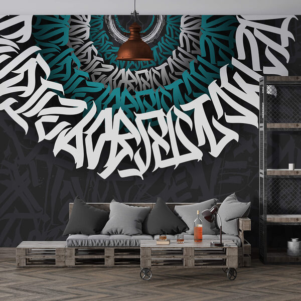 Biało-niebieskie graffiti na czarnym tle Biało-niebieskie graffiti na czarnym tle