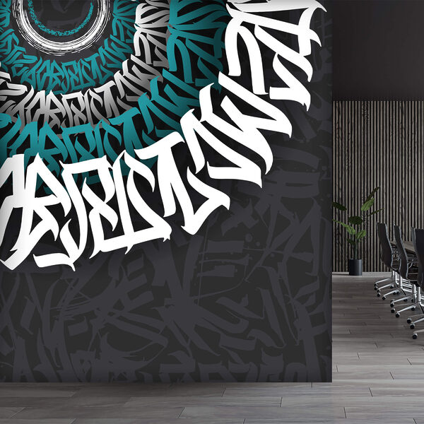 Biało-niebieskie graffiti na czarnym tle Biało-niebieskie graffiti na czarnym tle