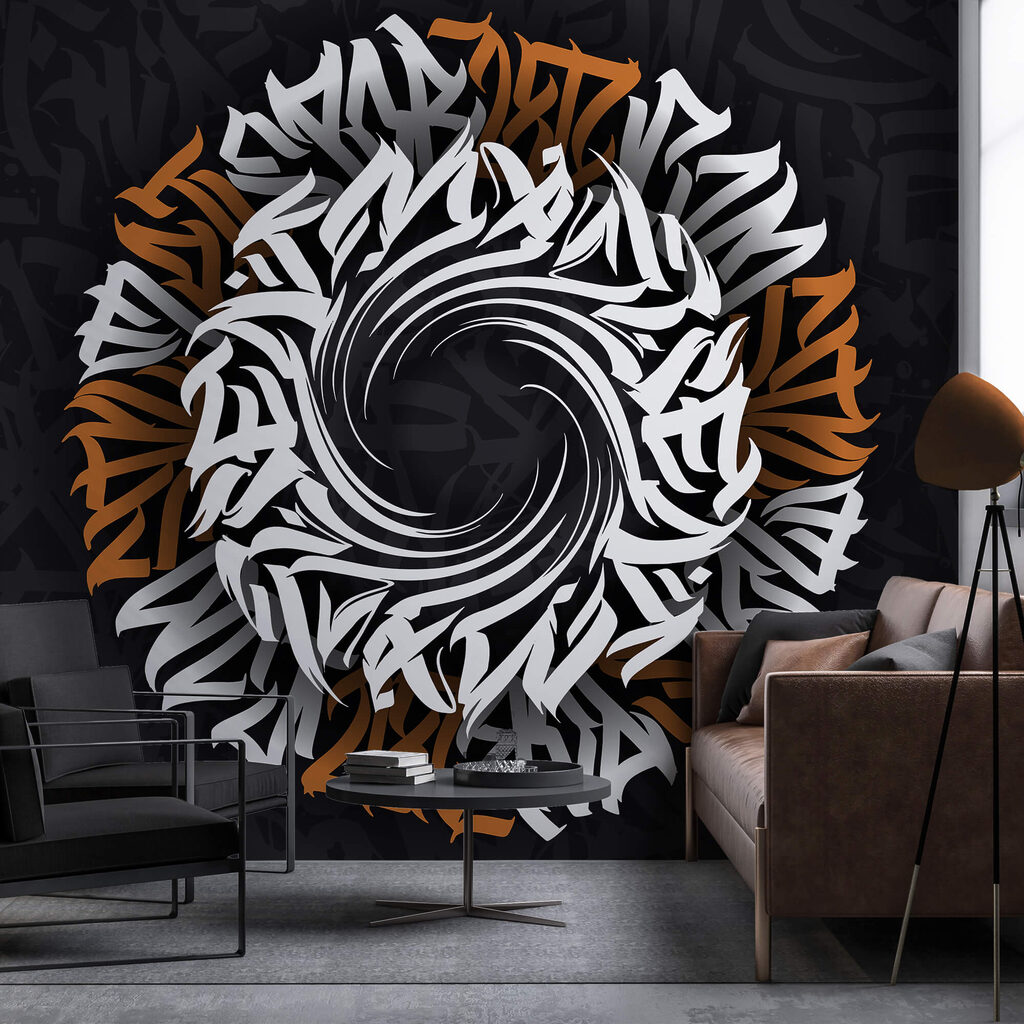 Okrągły wzór z białymi i pomarańczowymi literami Okrągły wzór z białymi i pomarańczowymi literami