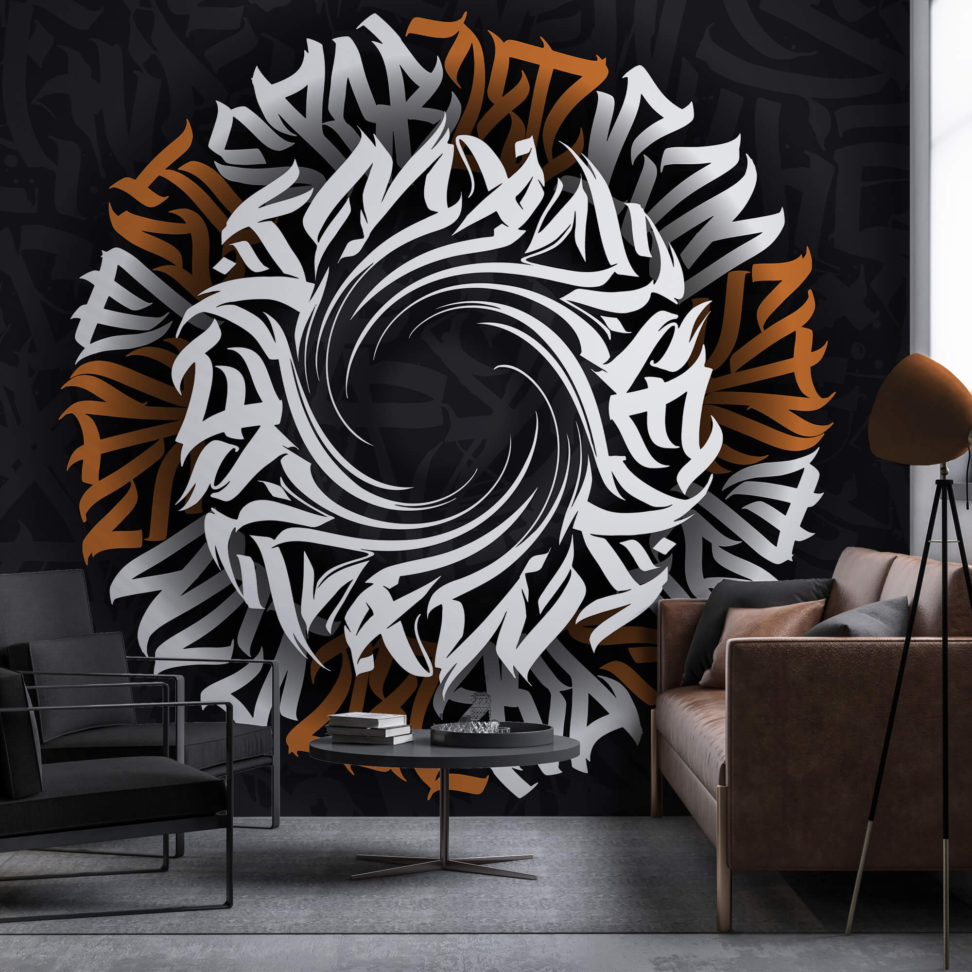 Okrągły wzór z białymi i pomarańczowymi literami Okrągły wzór z białymi i pomarańczowymi literami