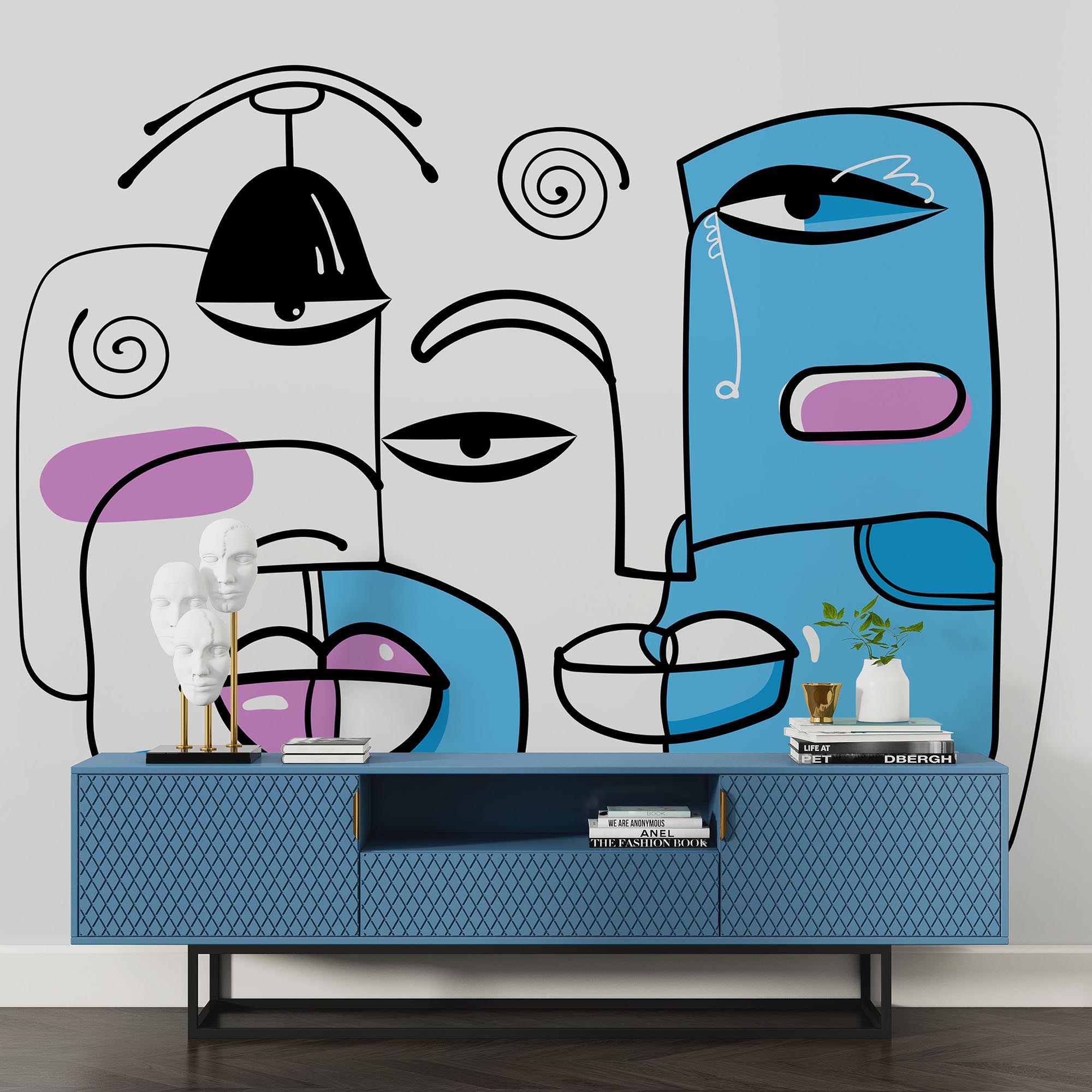 Grupa twarzy narysowanych na białym tle