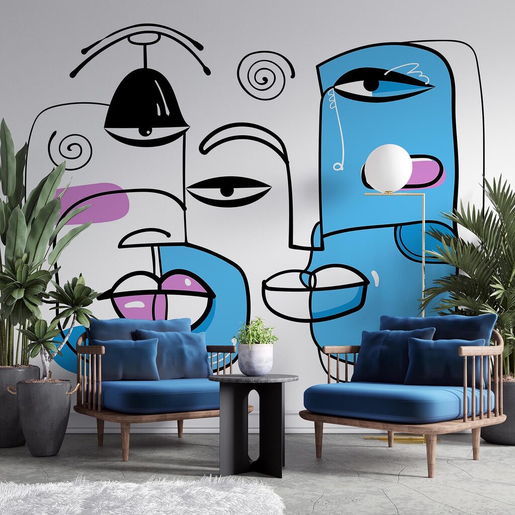 Grupa twarzy narysowanych na białym tle