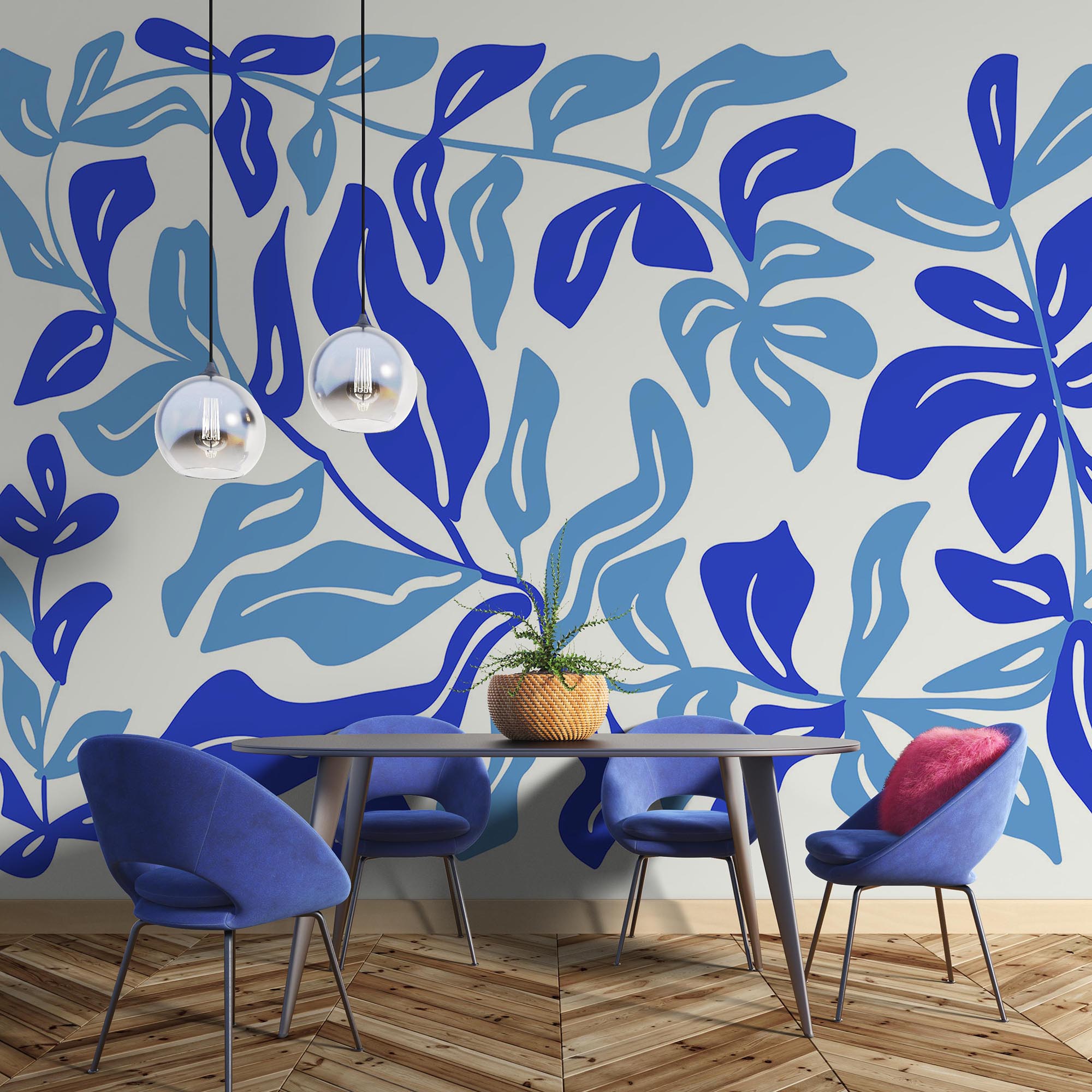 Niebiesko-biały rysunek liści