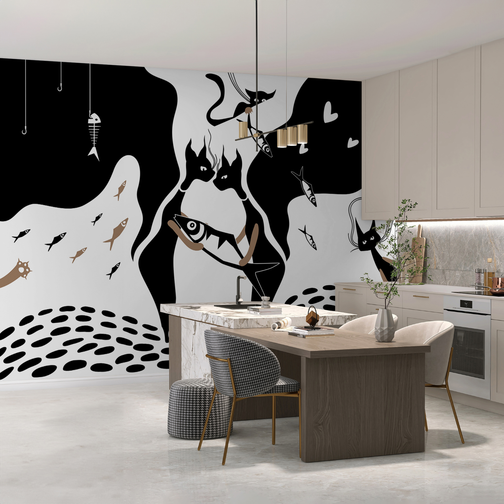 Czarno-biały kot z rybą i rybami Czarno-biały kot z rybą i rybami