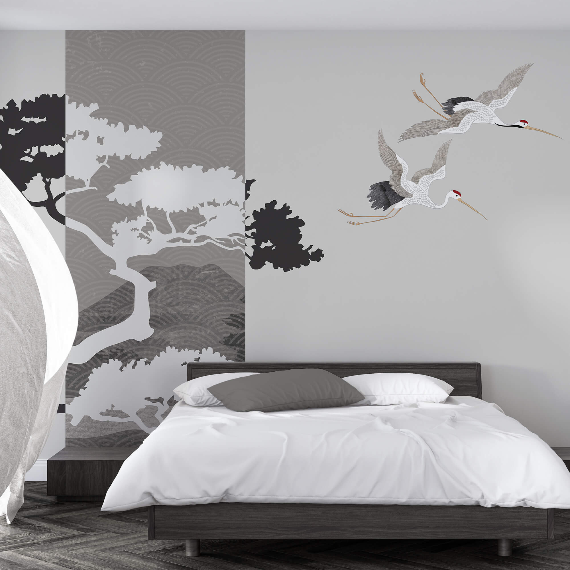 Para żurawi lecących obok drzewa Para żurawi lecących obok drzewa