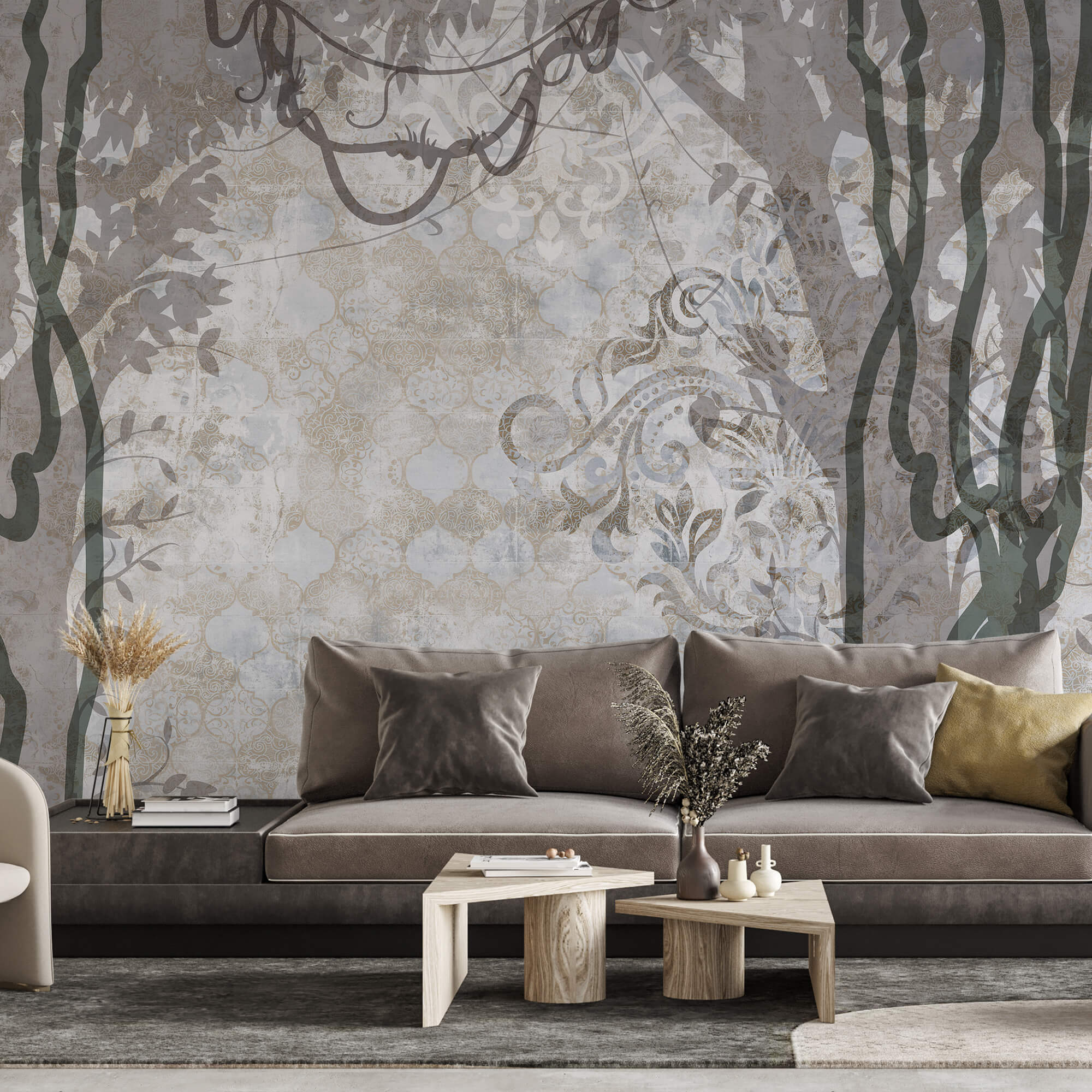 Biała ściana z winoroślą i liśćmi