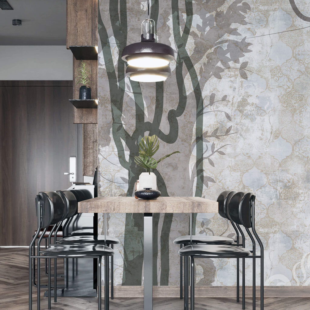 Biała ściana z winoroślą i liśćmi