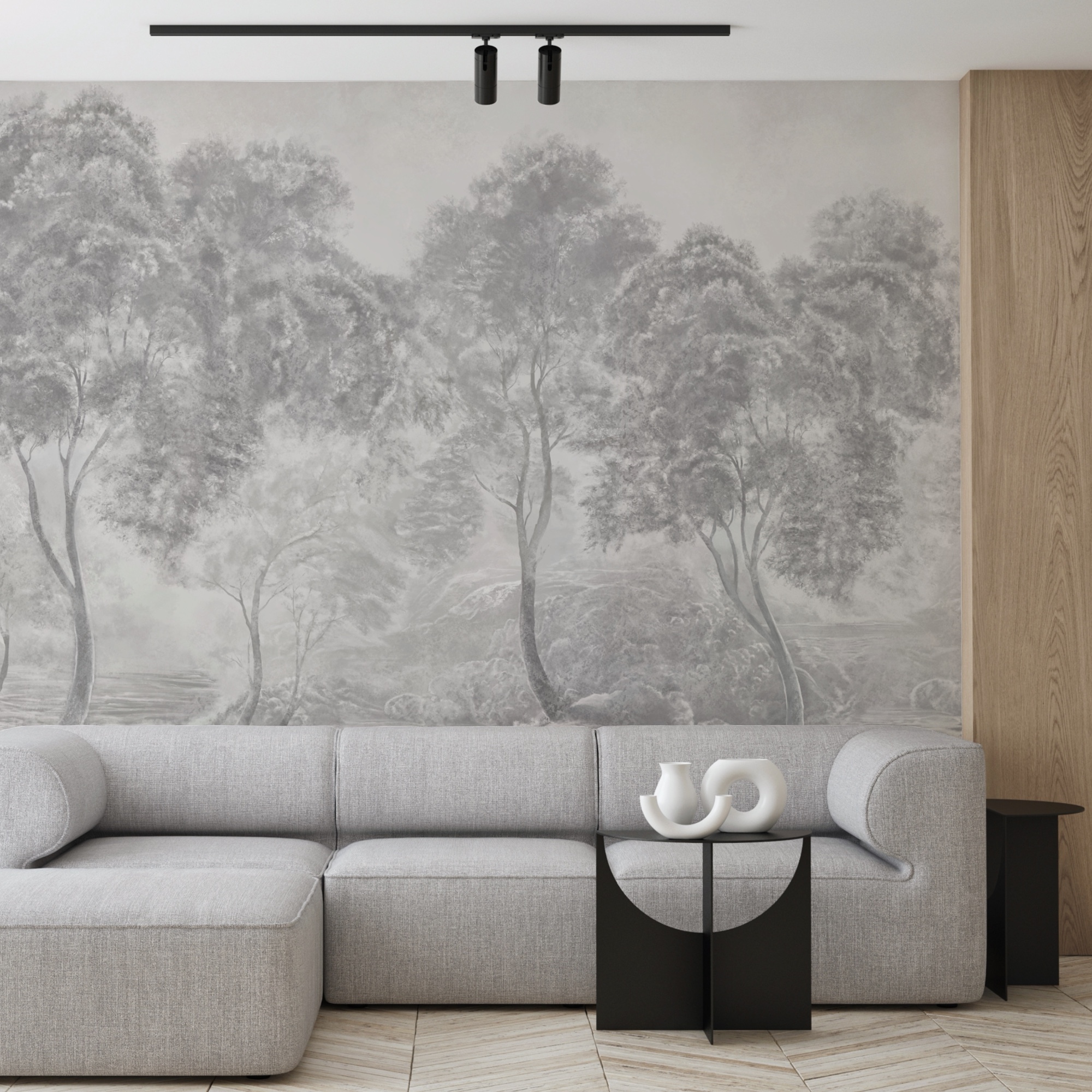 Grupa drzew w mglistym krajobrazie