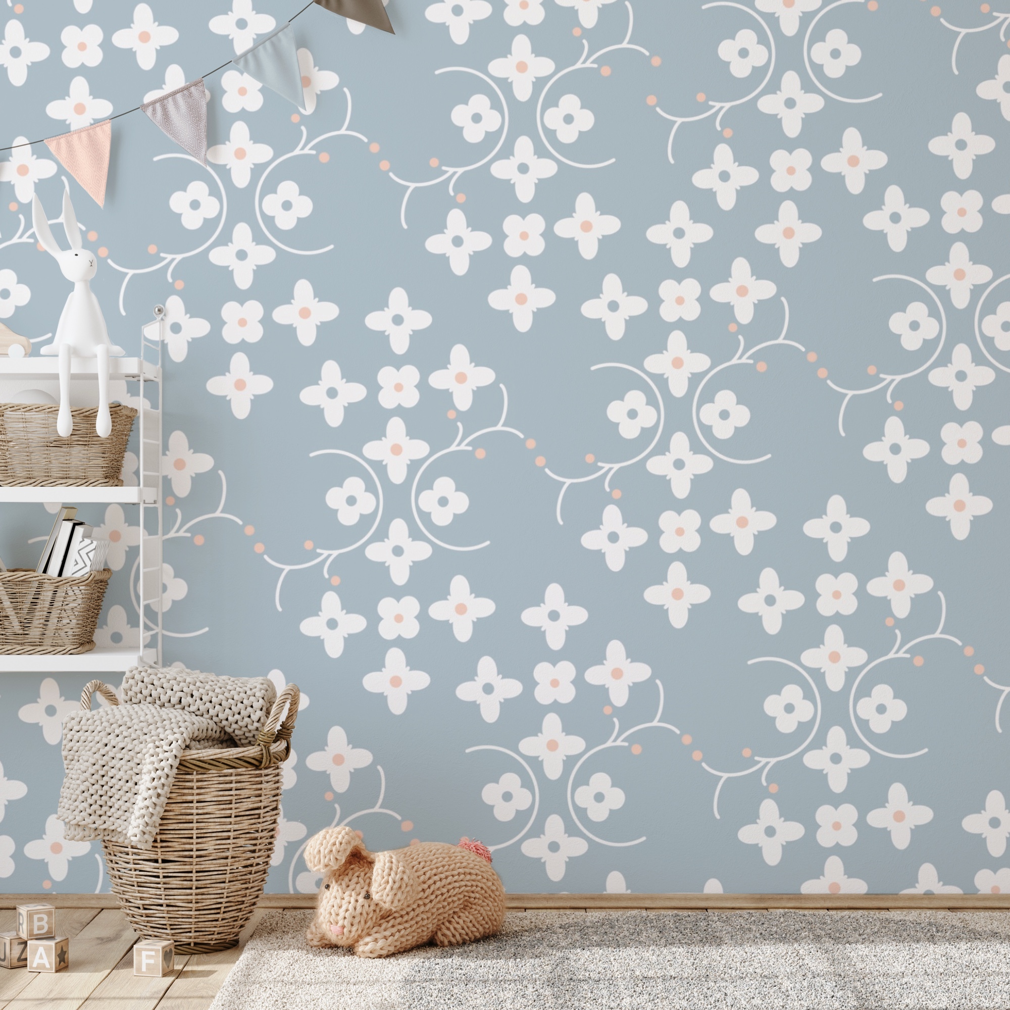 Wzór białych kwiatów i różowych kropek na niebieskim tle