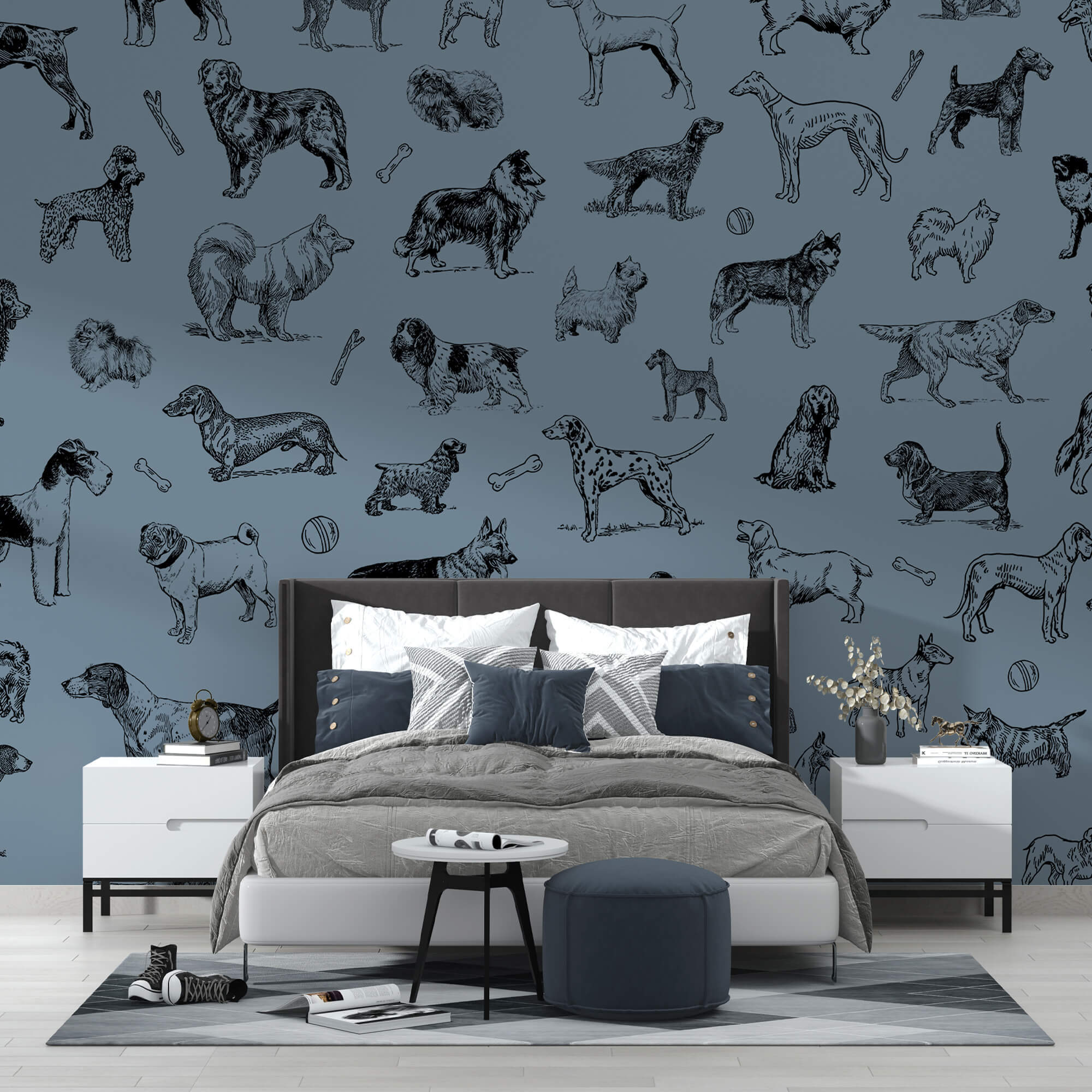 Grupa psów na niebieskim tle