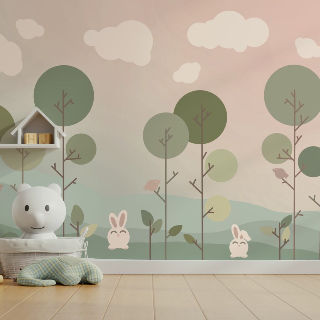 Grupa króliczków i drzew