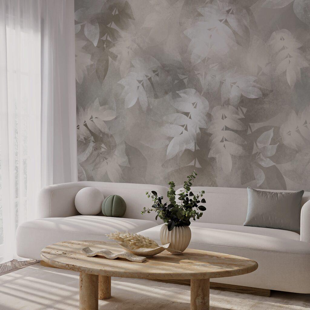 Szare i białe tło z liśćmi