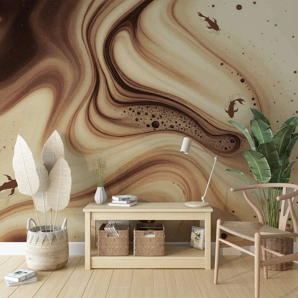 Brązowo-białe wirujące fale z sylwetkami ryb