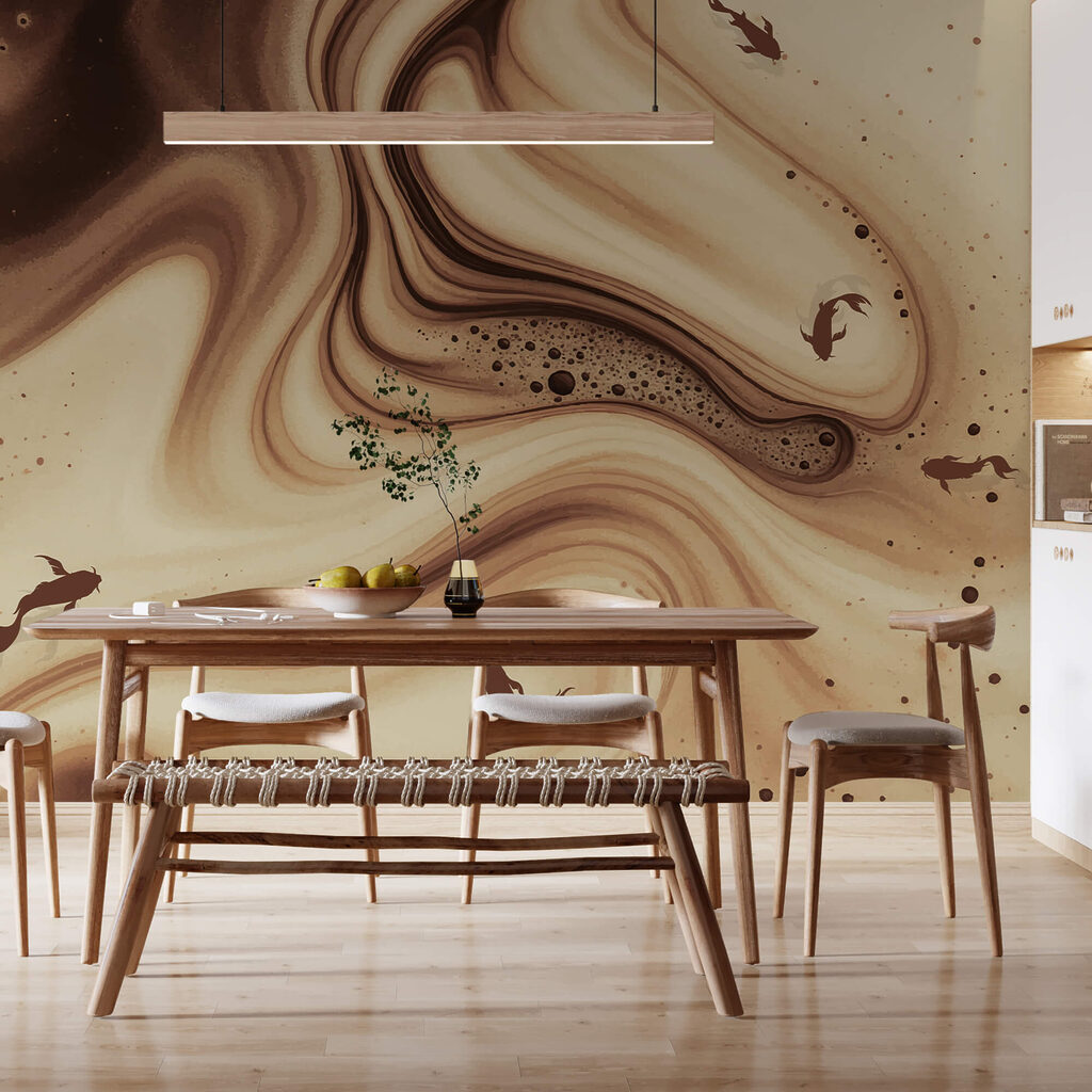 Brązowo-białe wirujące fale z sylwetkami ryb