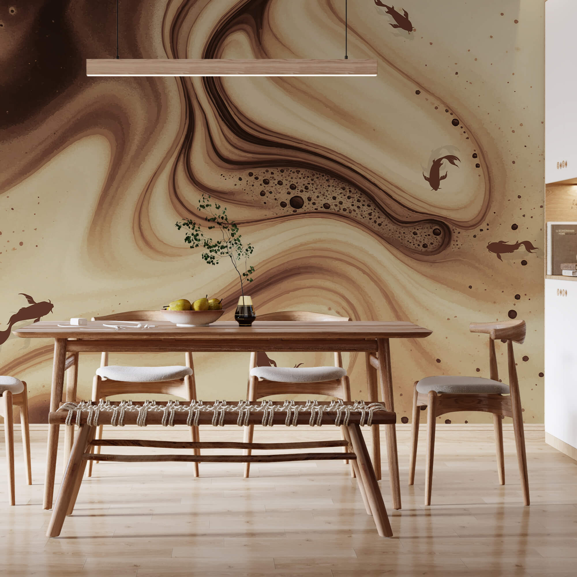 Brązowo-białe wirujące fale z sylwetkami ryb