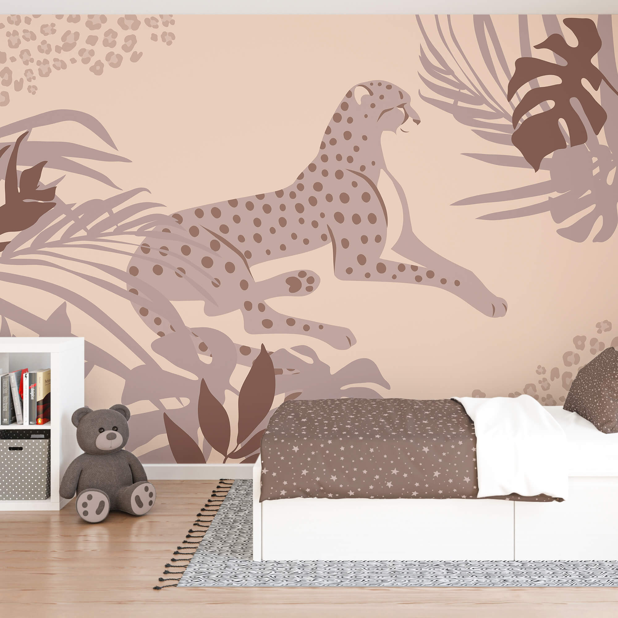 Gepard leżący z roślinami