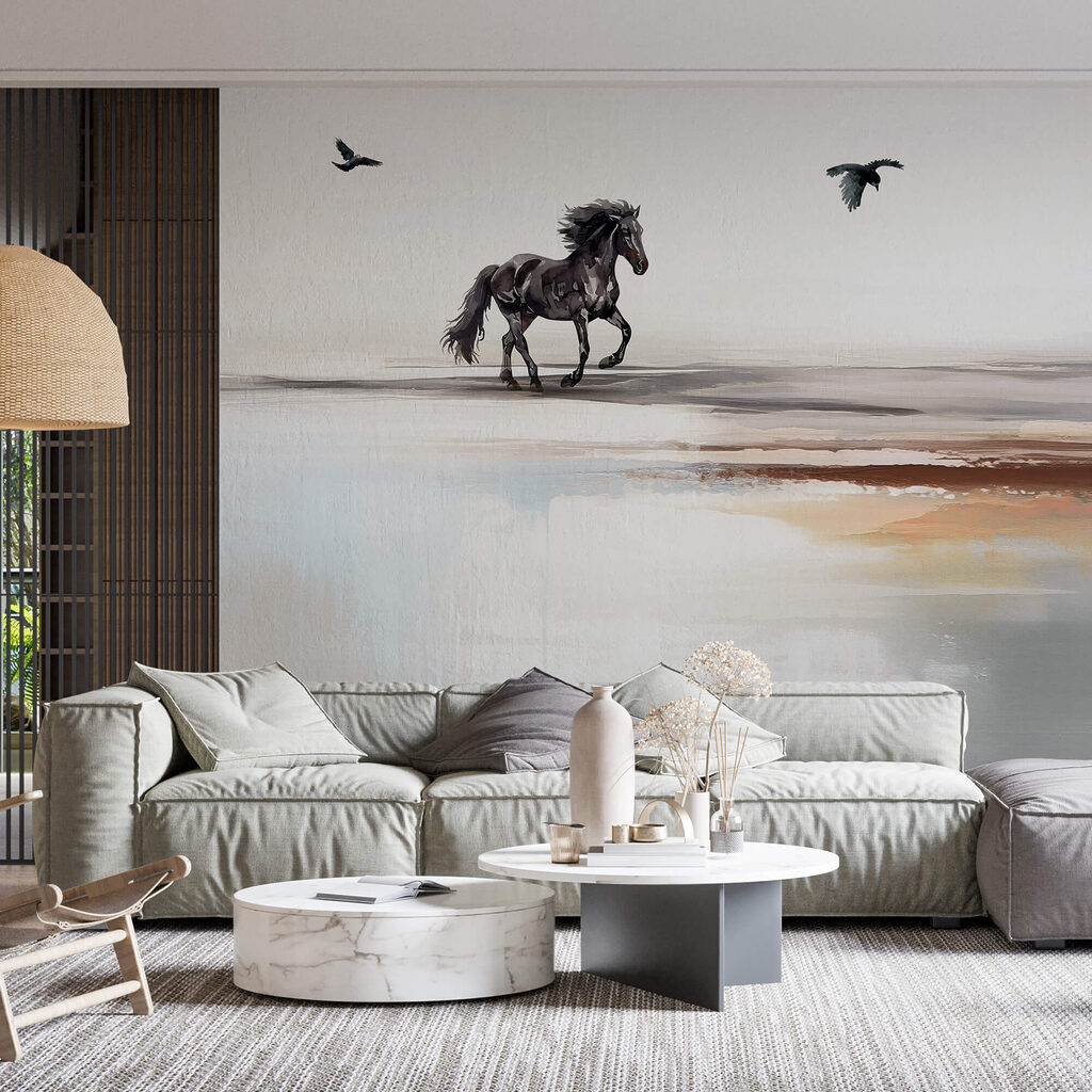 Obraz konia biegnącego po plaży z latającymi ptakami