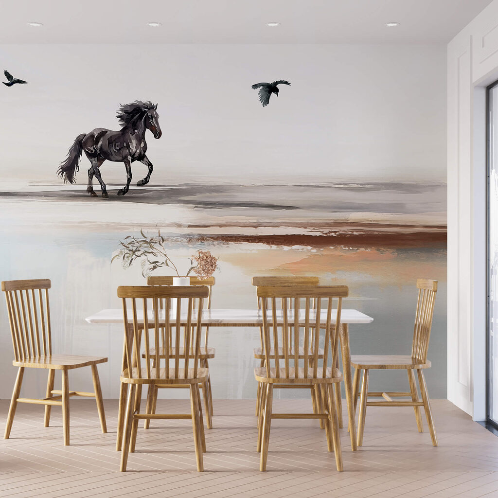 Obraz konia biegnącego po plaży z latającymi ptakami