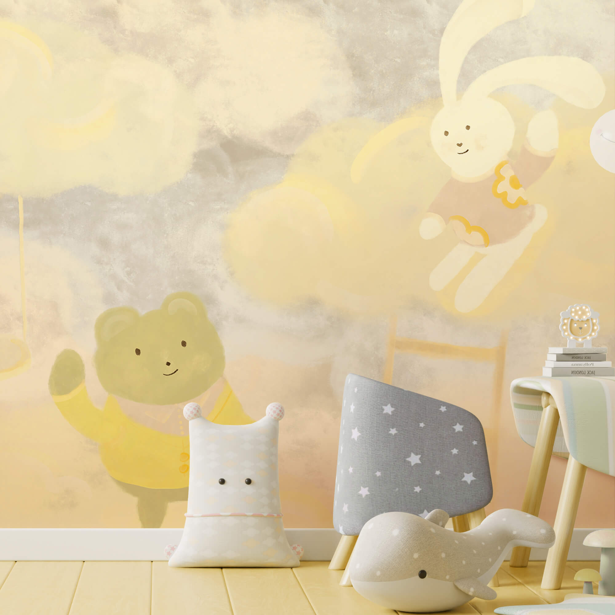 Kreskówkowy miś i króliczek w chmurach