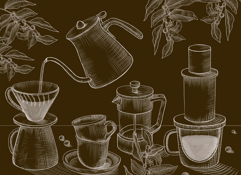 Drawing of coffee maker and coffee pot