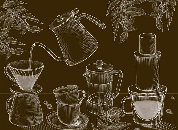 Drawing of coffee maker and coffee pot