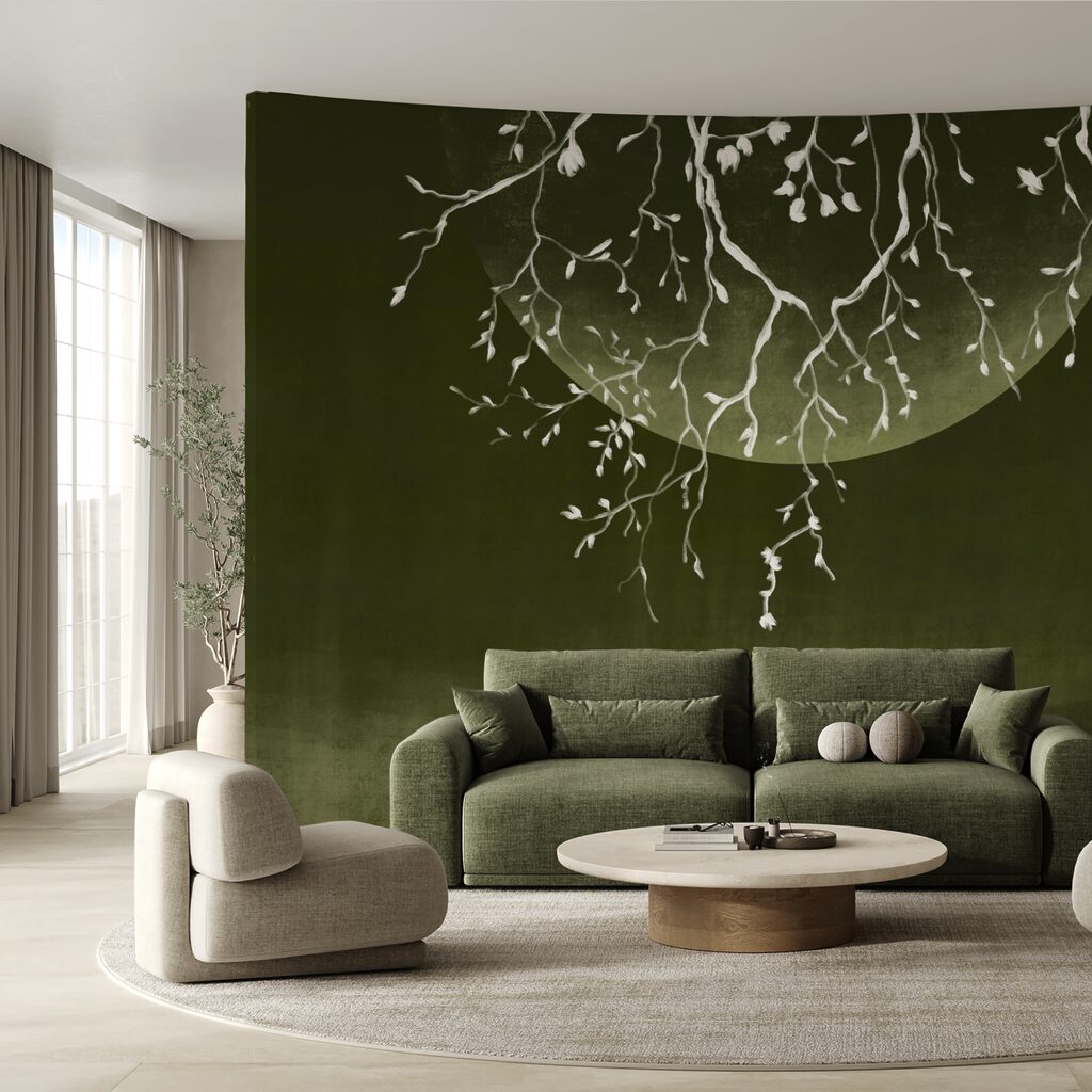 Gałęzie drzew z liśćmi i księżycem Gałęzie drzew z liśćmi i księżycem