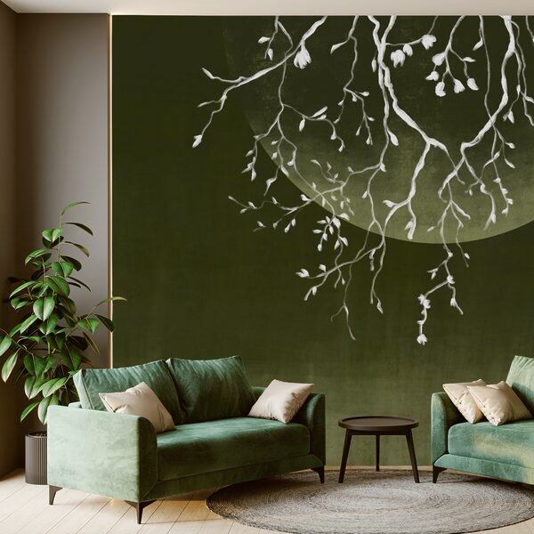 Gałęzie drzew z liśćmi i księżycem Gałęzie drzew z liśćmi i księżycem