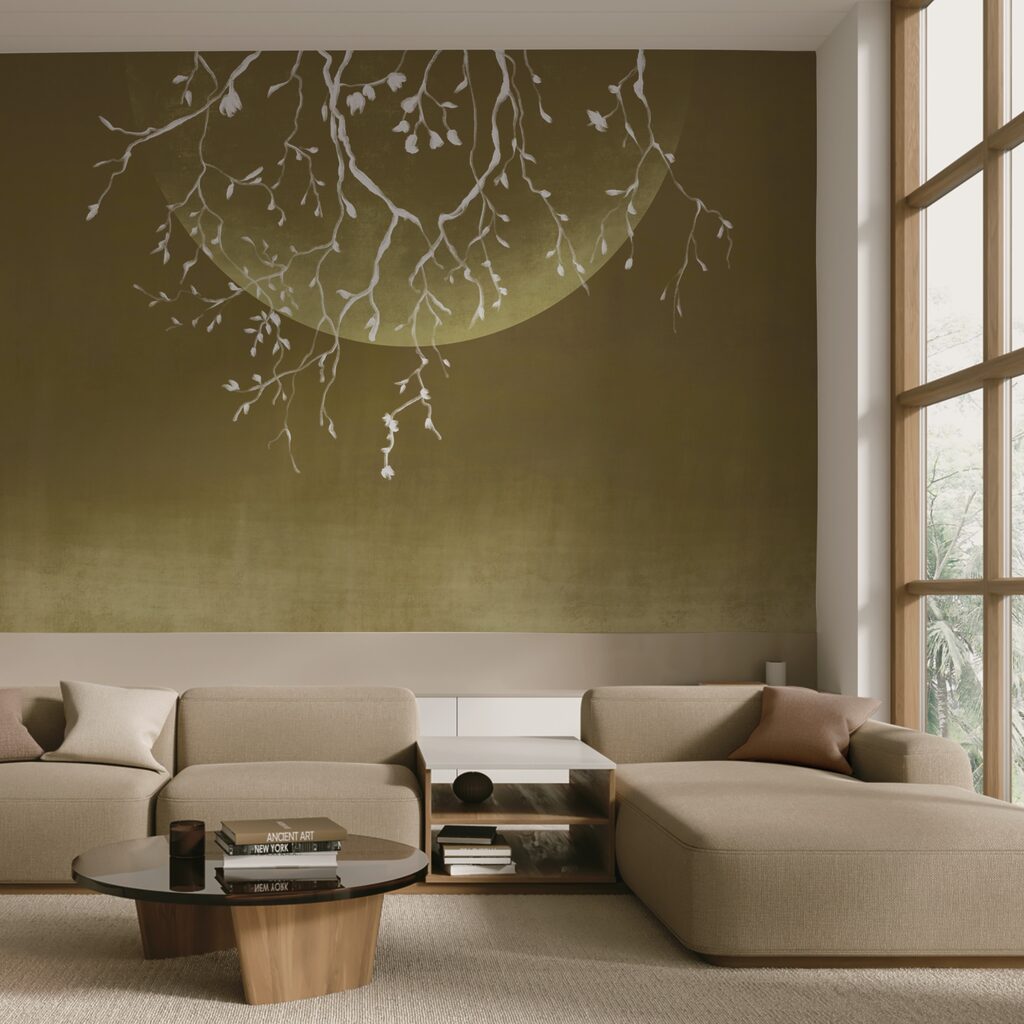 Gałęzie drzew z liśćmi i księżycem Gałęzie drzew z liśćmi i księżycem