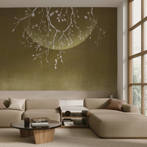 Gałęzie drzew z liśćmi i księżycem Gałęzie drzew z liśćmi i księżycem