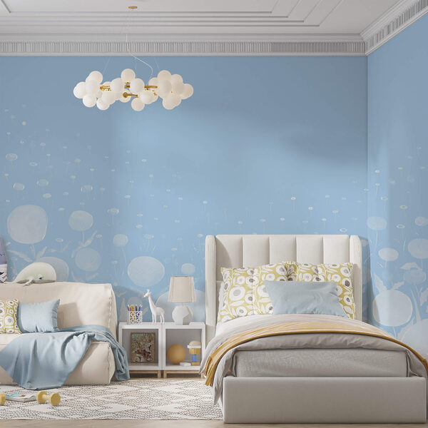 Białe kwiaty z liśćmi na niebieskim tle