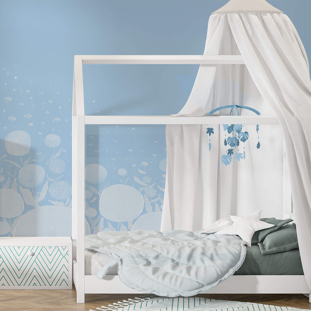 Białe kwiaty z liśćmi na niebieskim tle