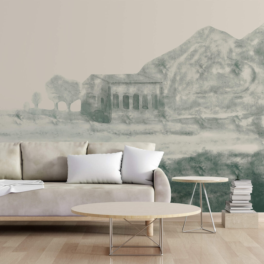 Obraz przedstawiający budynek i górę