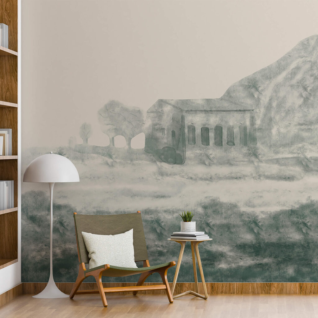 Obraz przedstawiający budynek i górę