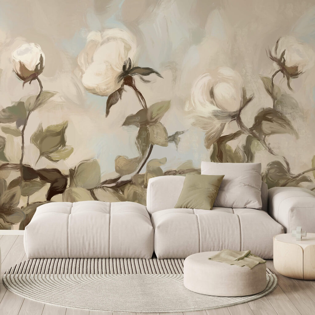 Obraz przedstawiający białe kwiaty i liście