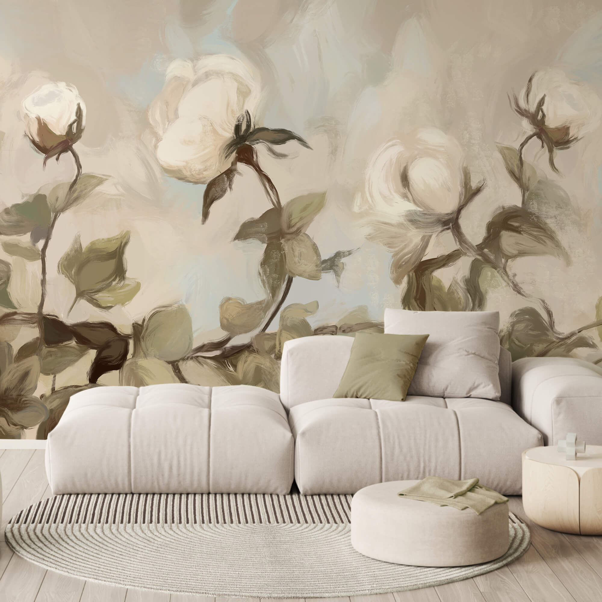 Obraz przedstawiający białe kwiaty i liście