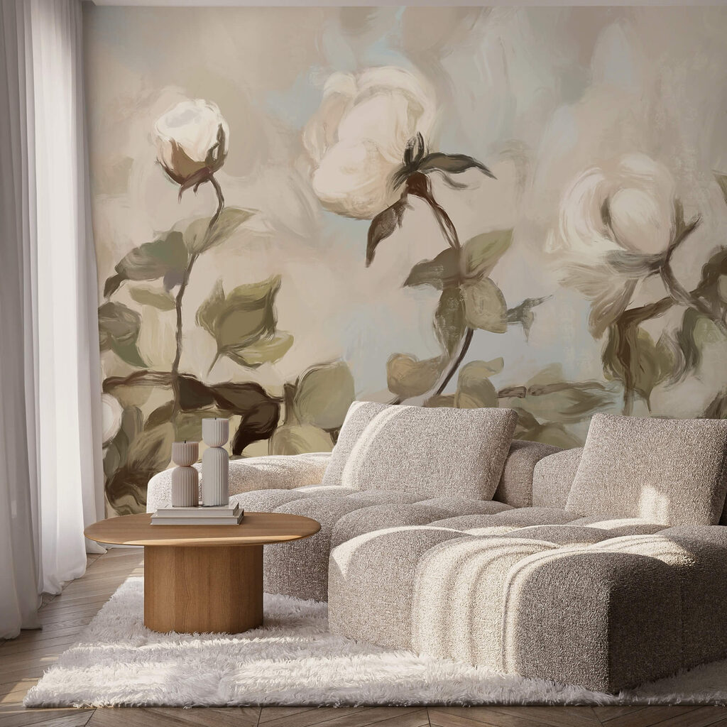 Obraz przedstawiający białe kwiaty i liście