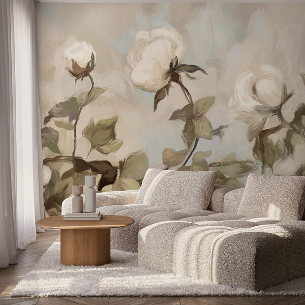 Obraz przedstawiający białe kwiaty i liście