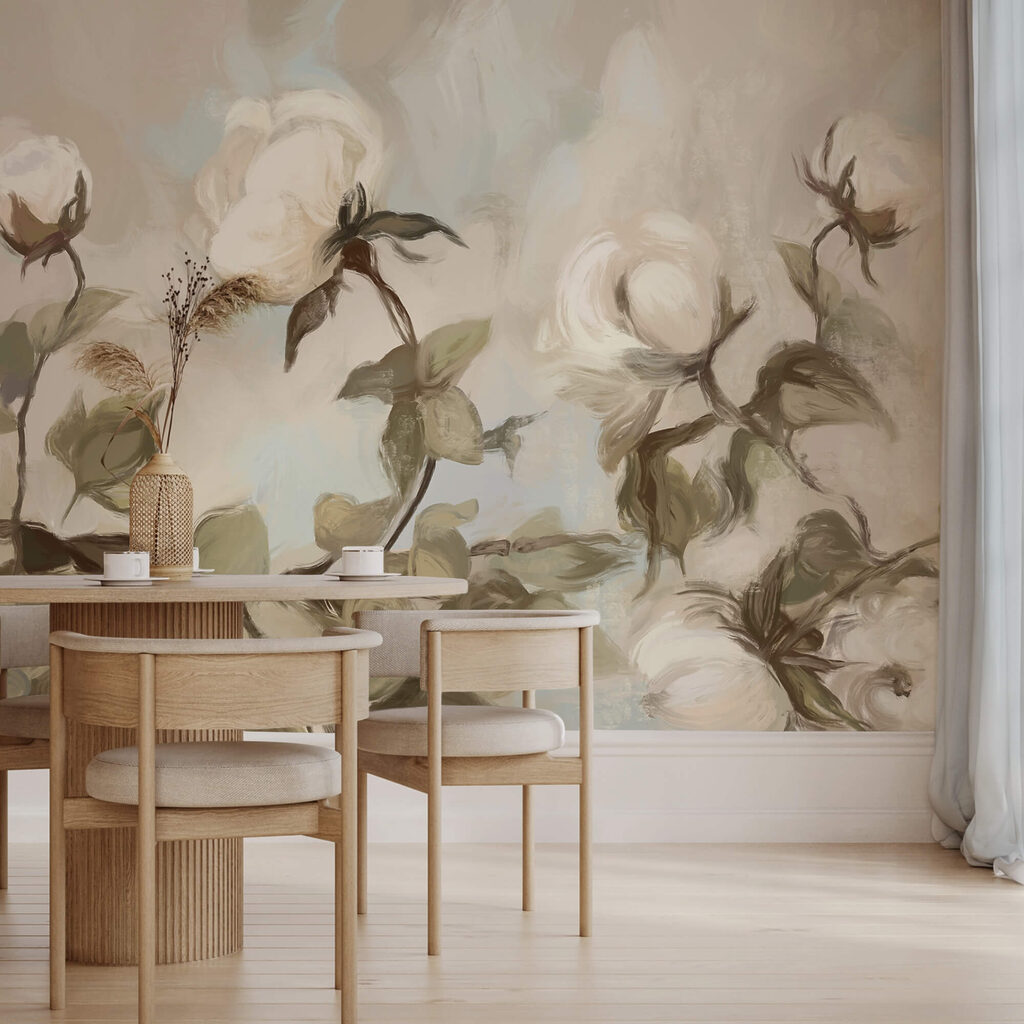 Obraz przedstawiający białe kwiaty i liście