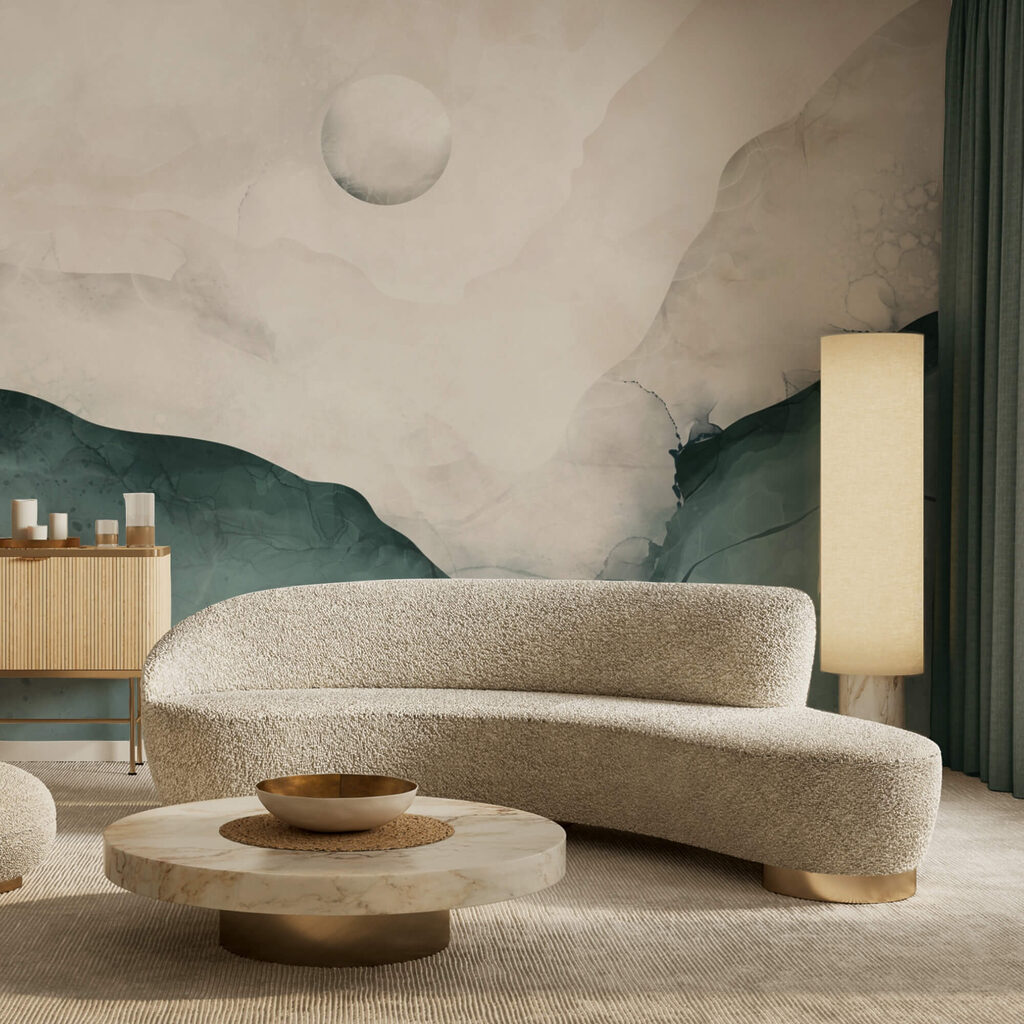 Obraz przedstawiający górę z księżycem na niebie