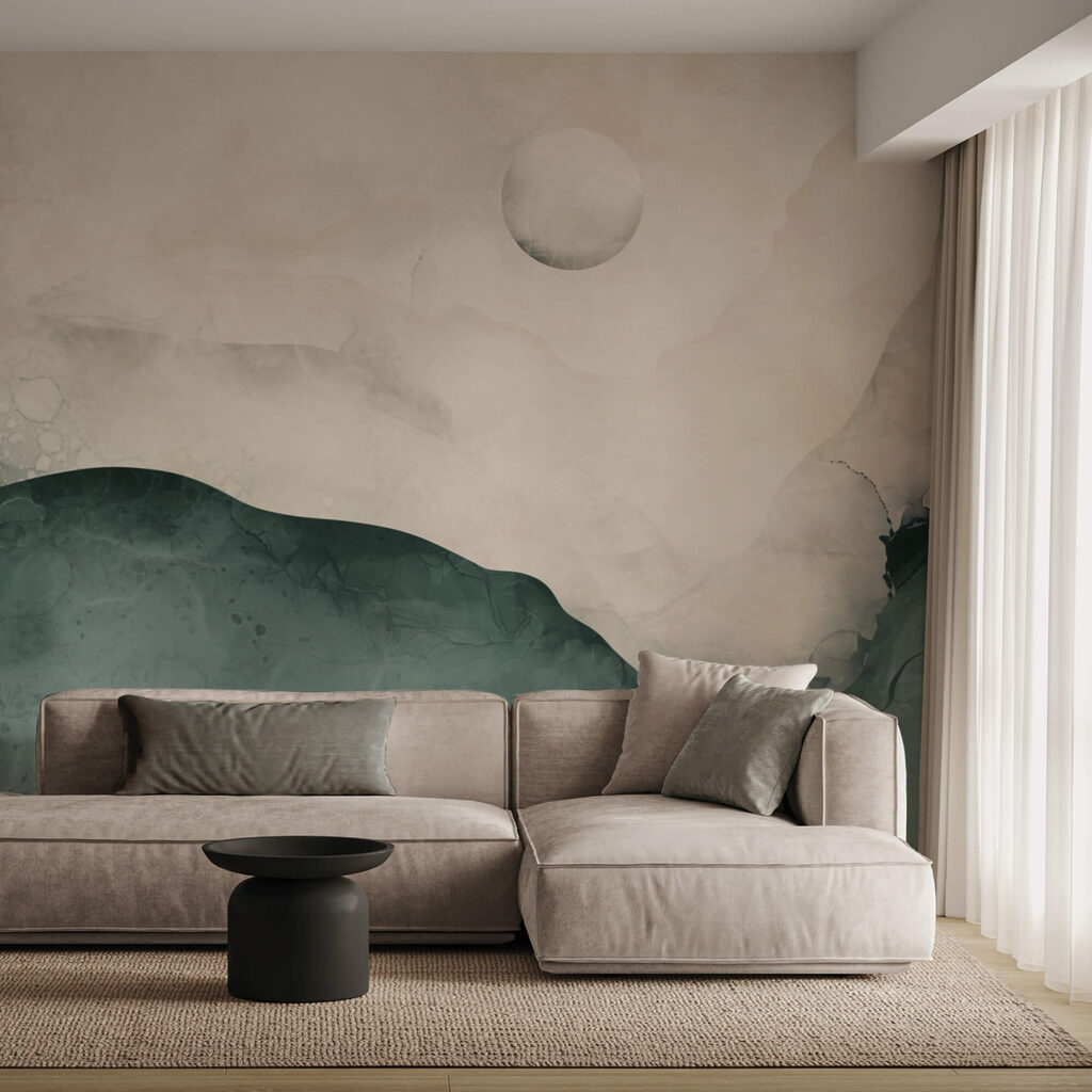 Obraz przedstawiający górę z księżycem na niebie