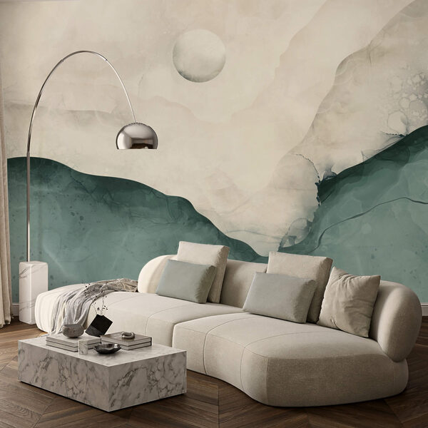 Obraz przedstawiający górę z księżycem na niebie