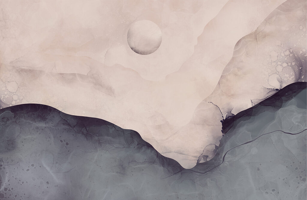 Painting of a mountain with a moon