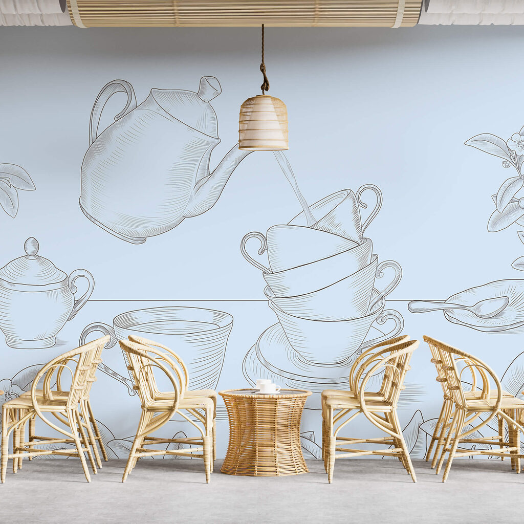 Czajniczek nalewający herbatę do stosu filiżanek Czajniczek nalewający herbatę do stosu filiżanek