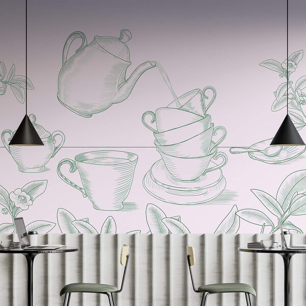 Czajnik nalewający herbatę do stosu filiżanek Czajnik nalewający herbatę do stosu filiżanek