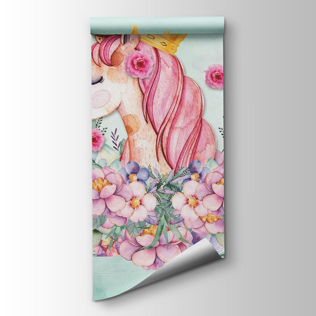 Watercolor unicorn with a crown and flowers