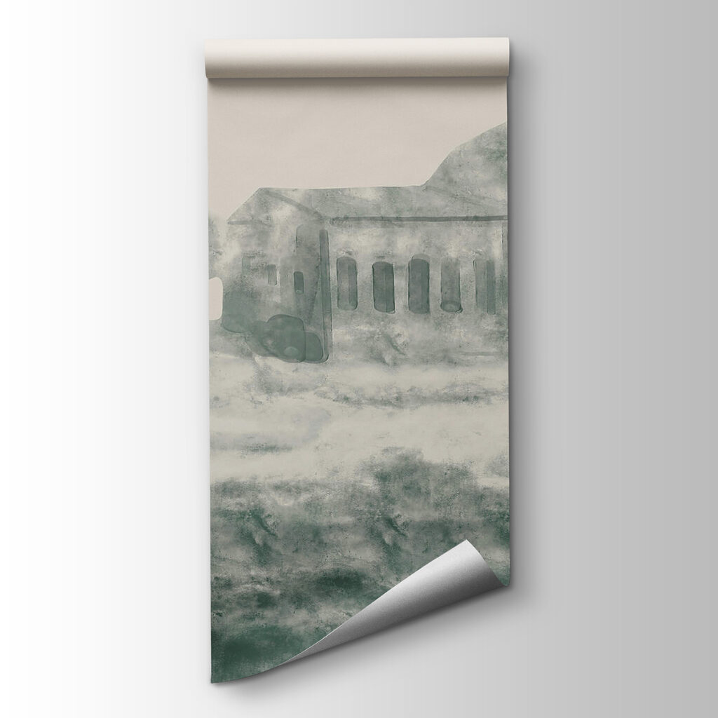 Painting of a building and a mountain